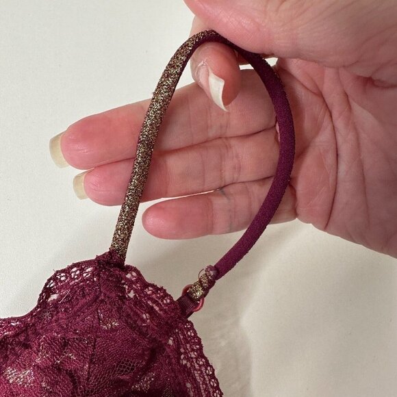 Burgundy With Gold Shimmer Lace Bralette Adjustable Spaghetti Straps M - Picture 6 of 10
